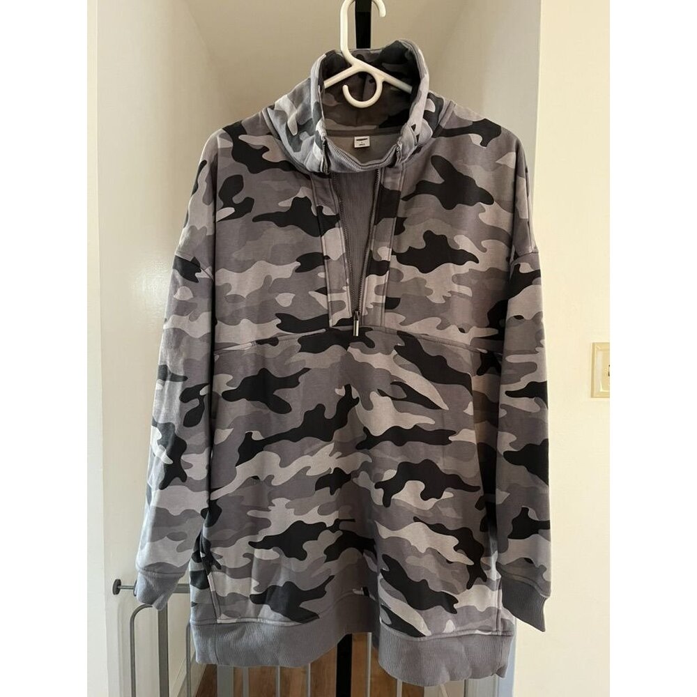 NWT Old Navy Gray Camo Half-Zip Pullover Hoodie Soft Cozy Fleece Unisex Casual W